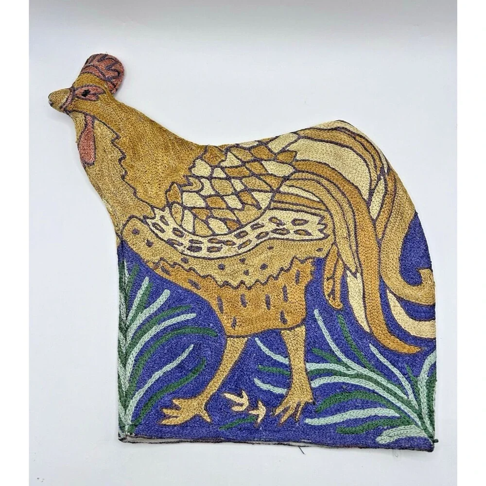 Handmade Rooster Chicken Teapot Cozy Cover Chainstitch Embroidery Crewel